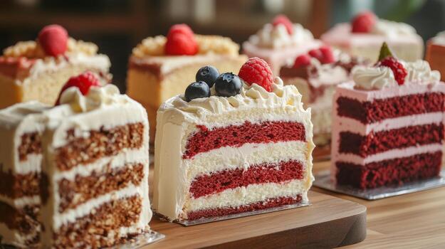 Delicious Assortment of Colorful Layered Cakes with Fresh Berries photo