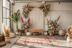 Bohemian Style Indoor Wedding Ceremony Setup photo