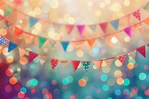 Colorful bunting flags with a vibrant bokeh background photo