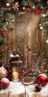 Festive Christmas Scene with Lantern, Snow, and Ornaments on Rustic Wooden Background photo