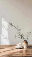 Clean and uncluttered wall backdrop allowing the focus to remain on flat lay objects. photo