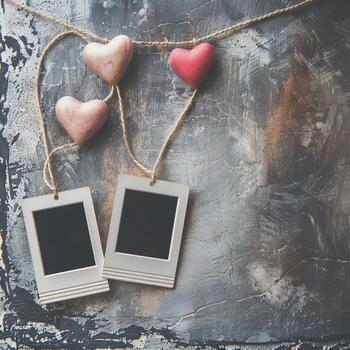 Love-themed photo frame and polaroid pictures on a string