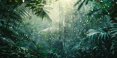 Double exposure image of rainforest and rain drops. photo
