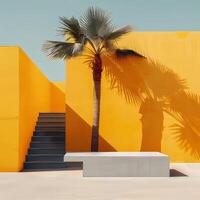 A tall palm tree is in front of a yellow wall photo