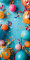 Colorful Party Balloons and Streamers on Blue Background photo