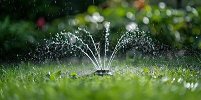 Close-up of Garden Sprinkler Watering Green Lawn on a Sunny Day photo