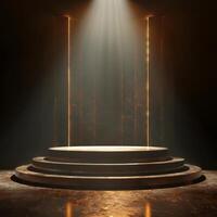 Dramatic Spotlight on Empty Stage with Golden Accents in a Dark Room photo