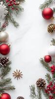 Festive Christmas Background with Red and Gold Ornaments, Pine Cones photo