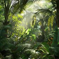 Lush rainforest with diverse plant life. photo