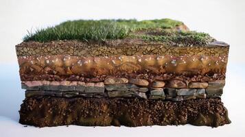 Cross-Section of Soil Layers with Grass and Rocks Illustrating Geological photo