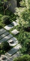 Serene Japanese Zen Garden with Stone Pathway and Lush Greenery in Sunlight photo