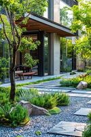 Modern Minimalist House with Zen Garden and Large Glass Windows photo