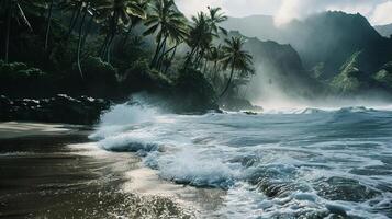 A beautiful beach with palm trees and a large wave crashing on the shore photo