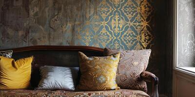 Vintage Sofa with Ornate Patterned Pillows in a Luxurious Room photo