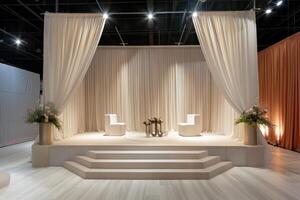 Organized display stage design against a neutral backdrop photo