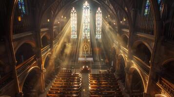 Serene church interior with sunlight streaming through stained glass windows photo