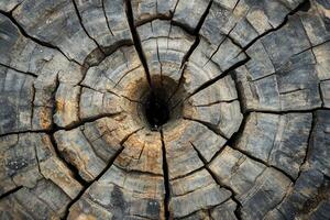 Close-Up of Weathered Tree Trunk with Cracks and Rings photo