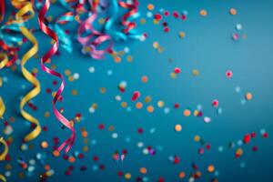 Colorful Balloons and Confetti Against a Vibrant Blue Background photo