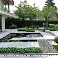 Modern Minimalist Garden with Water Feature and Greenery photo