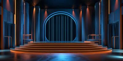 Futuristic Stage with Neon Lighting and Modern Design Elements in a Dark Setting photo
