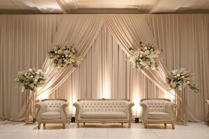 Elegant Wedding Reception Lounge with Luxurious Cream Sofas photo