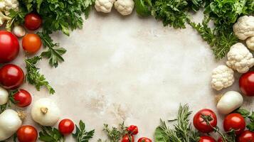 Fresh Organic Vegetables and Herbs Arranged on Rustic Background photo