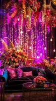 A room with a purple wall and a floral arrangement hanging from the ceiling photo
