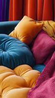 Colorful Modern Sofa with Vibrant Cushions and Textured Fabrics in a Cozy Living Room Setting photo