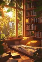 A cozy reading nook with a window and a bookshelf filled with books photo