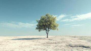 Lone Tree in a Vast Desert Landscape Under a Clear Blue Sky with Wispy Clouds on a Sunny Day photo