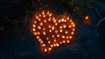 A heart made of candles lit up in the dark photo