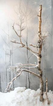 A snow covered tree with a thin branch sticking out of it photo