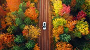 A car is driving down a road surrounded by trees with leaves of different colors photo