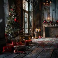A Christmas tree is in a room with a fireplace and candles photo