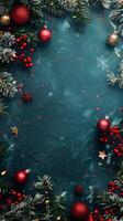 Festive Christmas Background with Red Ornaments and Pine Branches on a Teal Surface with Snowflakes photo