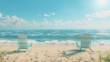 Two beach chairs are sitting on the sand near the ocean photo