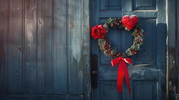 Heart-shaped wreath and red ribbon on a door for Valentine's Day welcome. photo