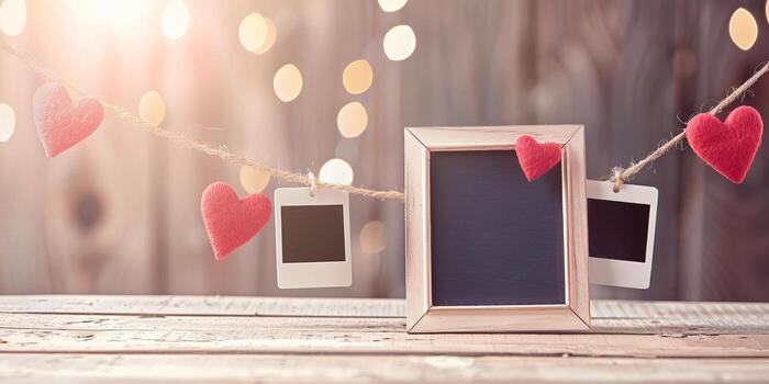 Love-themed photo frame and polaroid pictures on a string