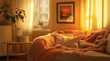 A cozy living room with a couch covered in a blanket and pillows photo
