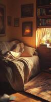 Cozy Sunlit Living Room with Comfortable Sofa and Warm Decor in a Relaxing Home Environment photo