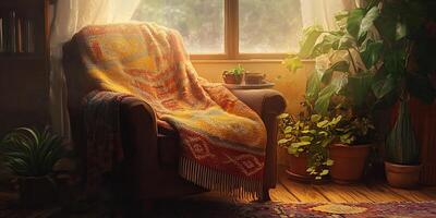 A chair with a blanket draped over it sits in front of a window photo