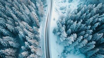 Drone shot of a road trip through a snowy mountain pass photo