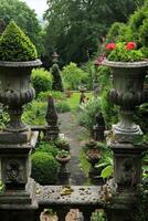Beautifully Manicured Garden with Stone Urns and Lush Greenery photo