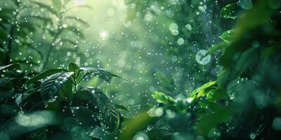 Double exposure image of rainforest and rain drops. photo