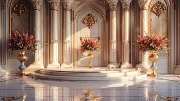 Luxurious Sunlit Palace Interior with Ornate Columns and Elegant Floral Arrangements in Golden Vases photo
