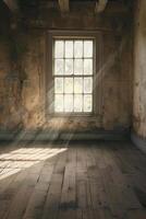 Sunlight Streaming Through Rustic Window in Abandoned Room photo