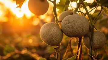 Enthralling silhouette of a cluster of cantaloupes hanging from a vine photo