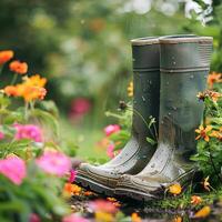 Pair of Green Rubber Boots in a Flower Garden photo