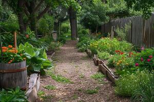 Serene Garden Pathway with Lush Greenery and Colorful Flowers photo