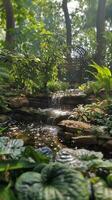 Serene Garden with Waterfall and Lush Greenery in Sunlit Forest Setting photo